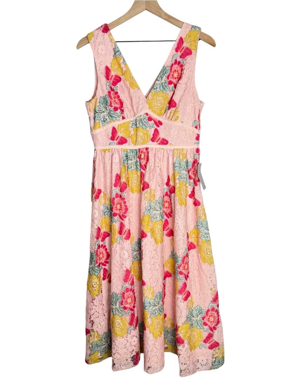 NSR Floral Lace Midi Dress Butterflies Pink Yellow NWT Medium